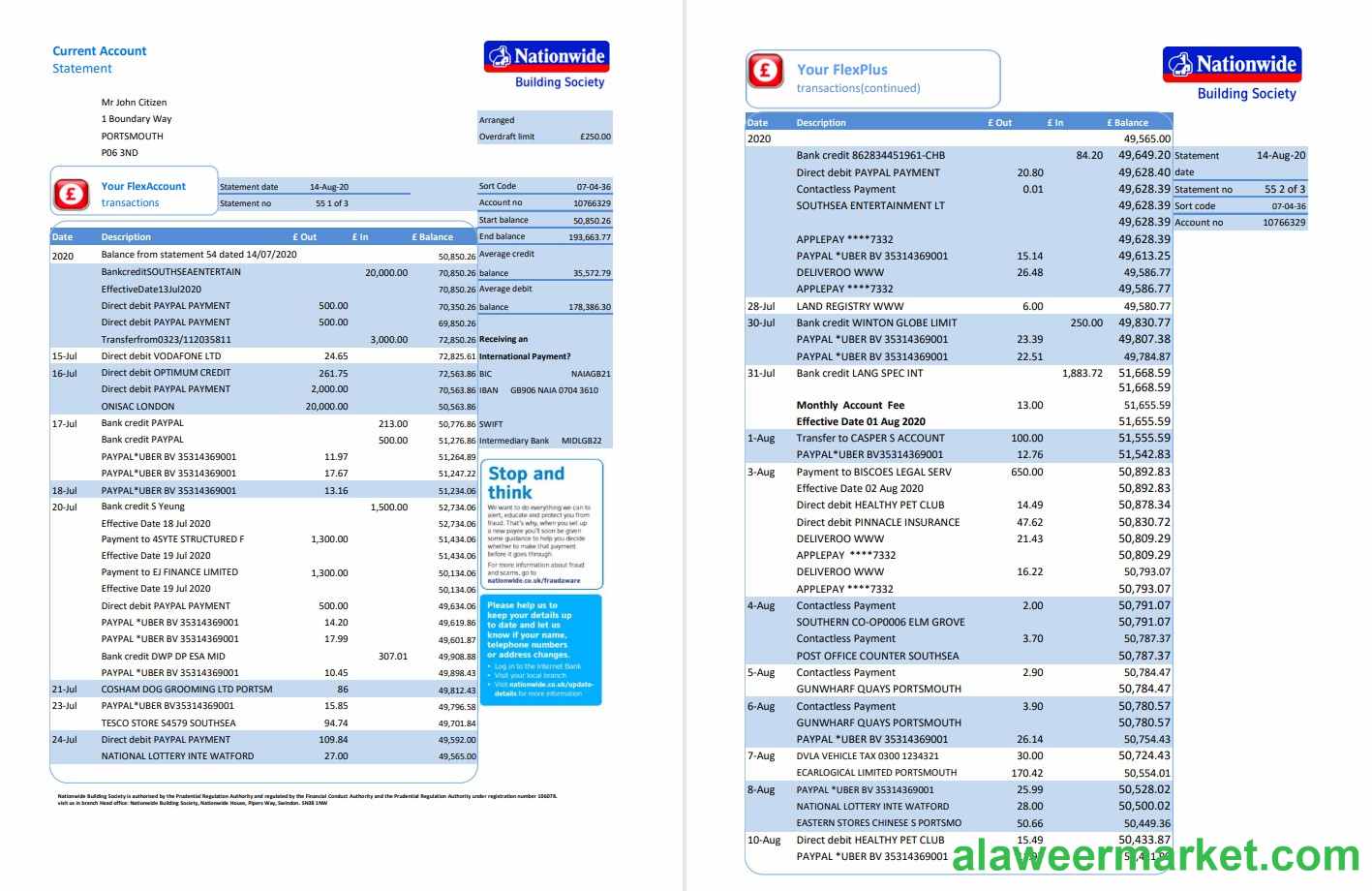 United Kingdom Nationwide bank statement template in .xls and .pdf format (5 pages)